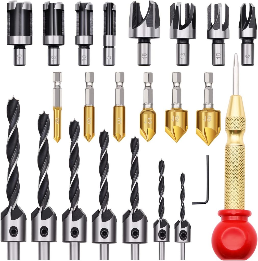 23pcs Woodworking Chamfer Drilling Tool Set, Including 7pcs 3-Point Countersink Drill Bit, 8pcs Wood Plug Cutters, 6pcs Countersink Drill Bits, 1pcs L-Wrench, 1pcs Center Punch for Wood