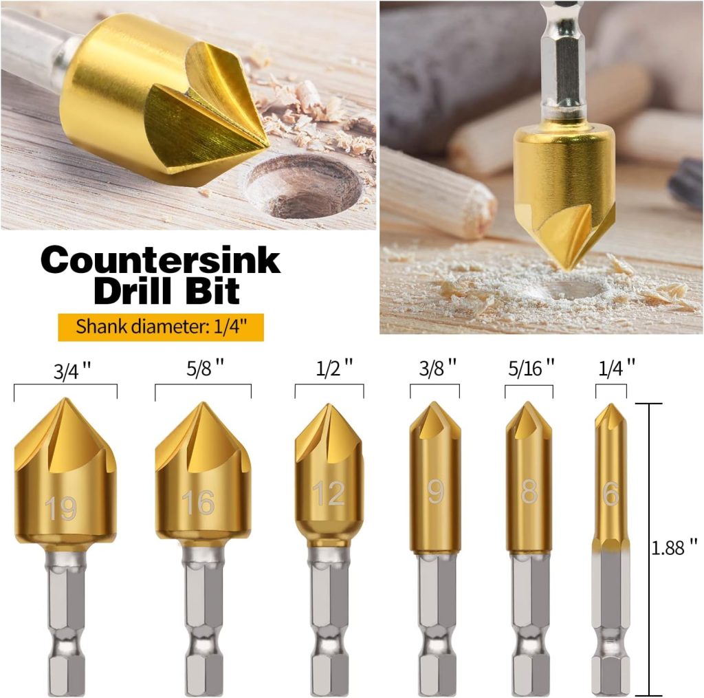 23pcs Woodworking Chamfer Drilling Tool Set, Including 7pcs 3-Point Countersink Drill Bit, 8pcs Wood Plug Cutters, 6pcs Countersink Drill Bits, 1pcs L-Wrench, 1pcs Center Punch for Wood