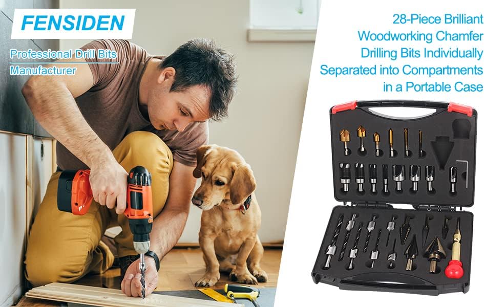 FENSIDEN Woodworking Chamfer Drilling Tools [28 Pack] - 5PC Premium Step Drill Bit Set, 6PC Countersink Drill Bits, 7PC Screw Countersinks with Hex Key, 8PC Wood Plug Cutters, 1PC Center Punch
