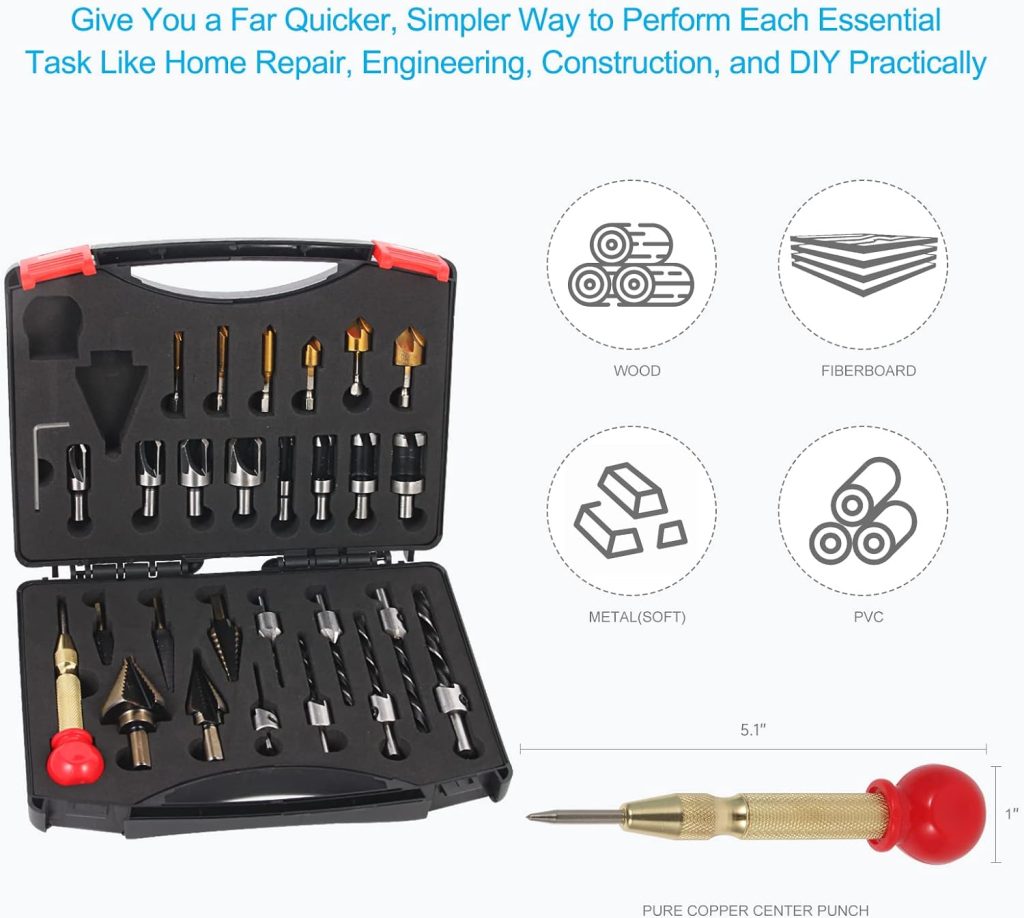 FENSIDEN Woodworking Chamfer Drilling Tools [28 Pack] - 5PC Premium Step Drill Bit Set, 6PC Countersink Drill Bits, 7PC Screw Countersinks with Hex Key, 8PC Wood Plug Cutters, 1PC Center Punch