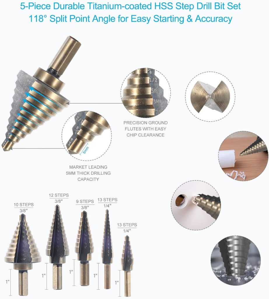 FENSIDEN Woodworking Chamfer Drilling Tools [28 Pack] - 5PC Premium Step Drill Bit Set, 6PC Countersink Drill Bits, 7PC Screw Countersinks with Hex Key, 8PC Wood Plug Cutters, 1PC Center Punch
