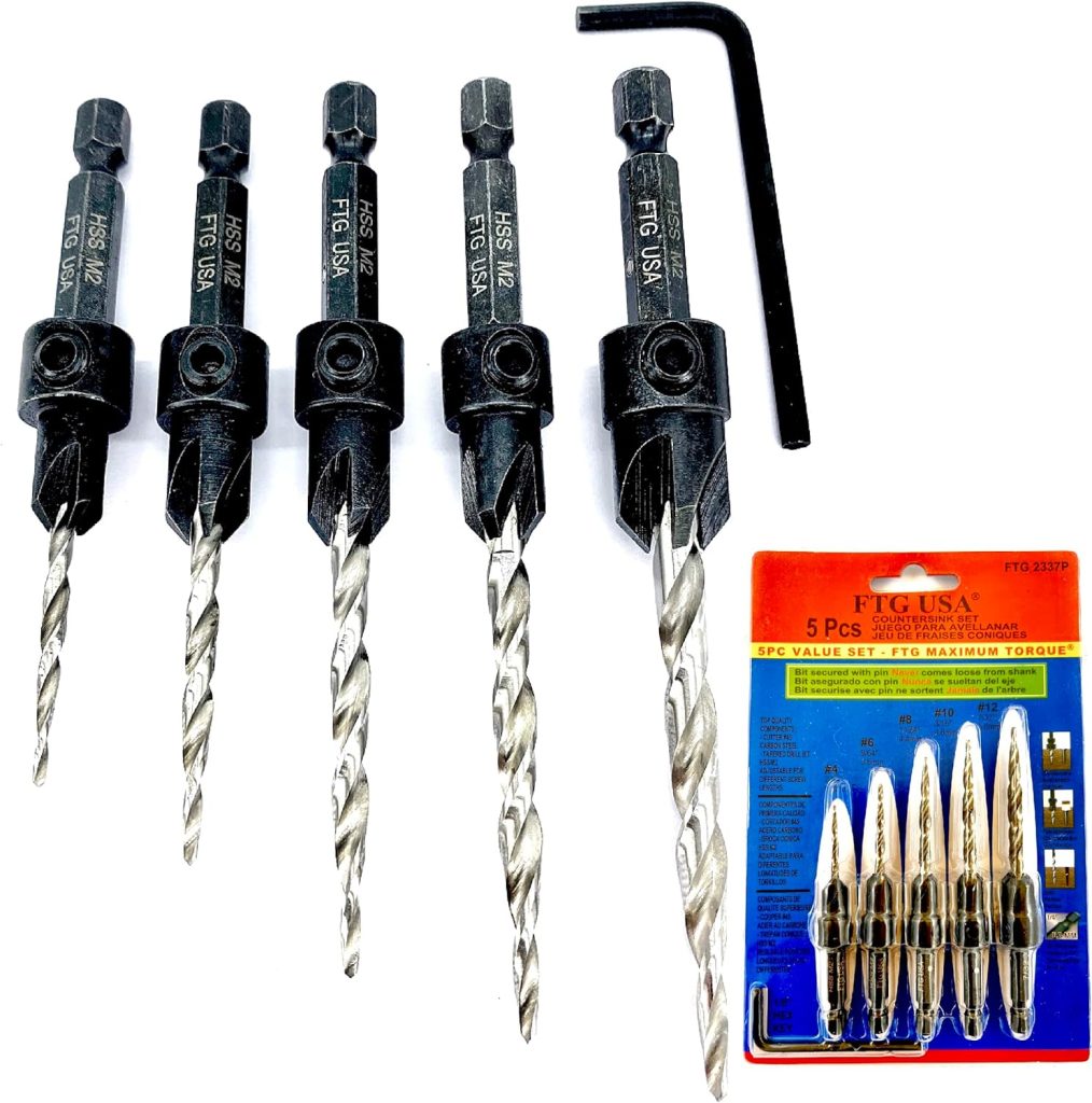 FTG USA Countersink Tapered Drill Bit Set 5 Pc #4, 6, 8, 10, 12, Secured with Pin to 1/4 Hex Shank, 1 Allen Wrench for Woodworking
