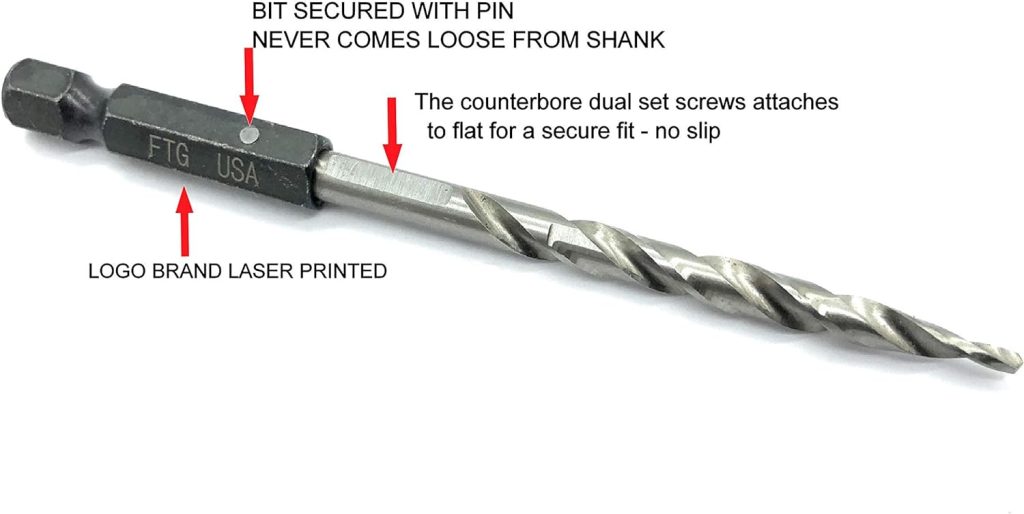 FTG USA Countersink Tapered Drill Bit Set 5 Pc #4, 6, 8, 10, 12, Secured with Pin to 1/4 Hex Shank, 1 Allen Wrench for Woodworking
