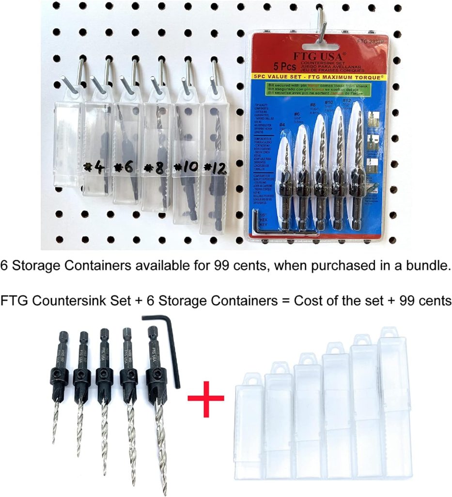 FTG USA Countersink Tapered Drill Bit Set 5 Pc #4, 6, 8, 10, 12, Secured with Pin to 1/4 Hex Shank, 1 Allen Wrench for Woodworking