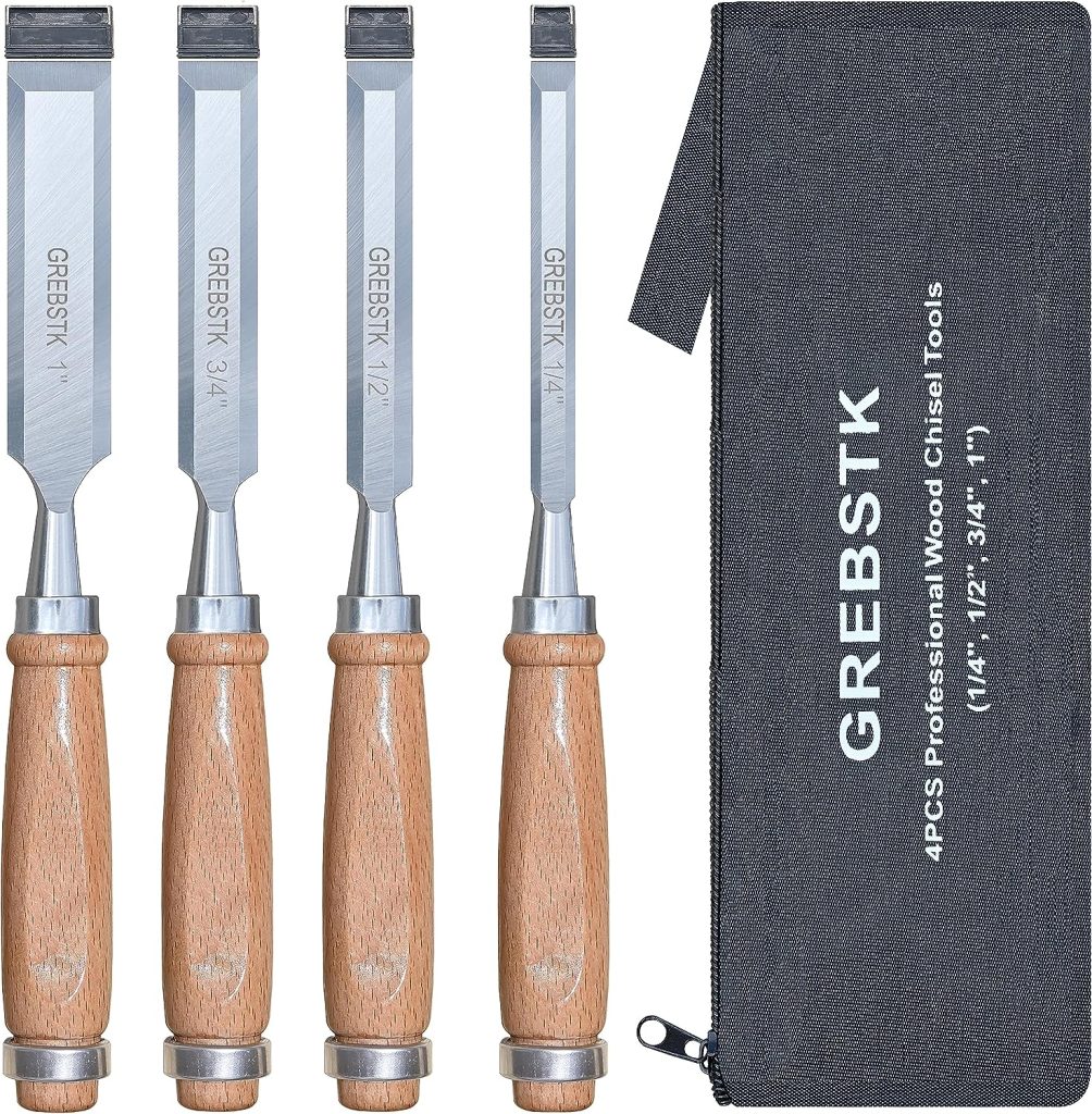 GREBSTK Professional Wood Chisel Set with Oxford Bag for Woodworking, CR-V Steel Chisel, Comfortable Beech Handle Wood Chisel, 4 Piece GREBSTK Professional Wood Chisel Set with Oxford Bag for Woodworking, CR-V Steel Chisel, Comfortable Beech Handle Wood Chisel, 4 Piece