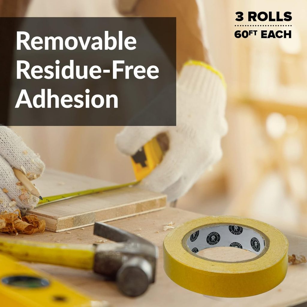 HIPPIE CRAFTER 3 Pk Double Stick Tape Double Sided Woodworking Tape 1 inch Wide Wood Tape for Woodworkers CNC Machines Routing Templates Strong Heavy Duty 60 Feet Each (180FT Total)