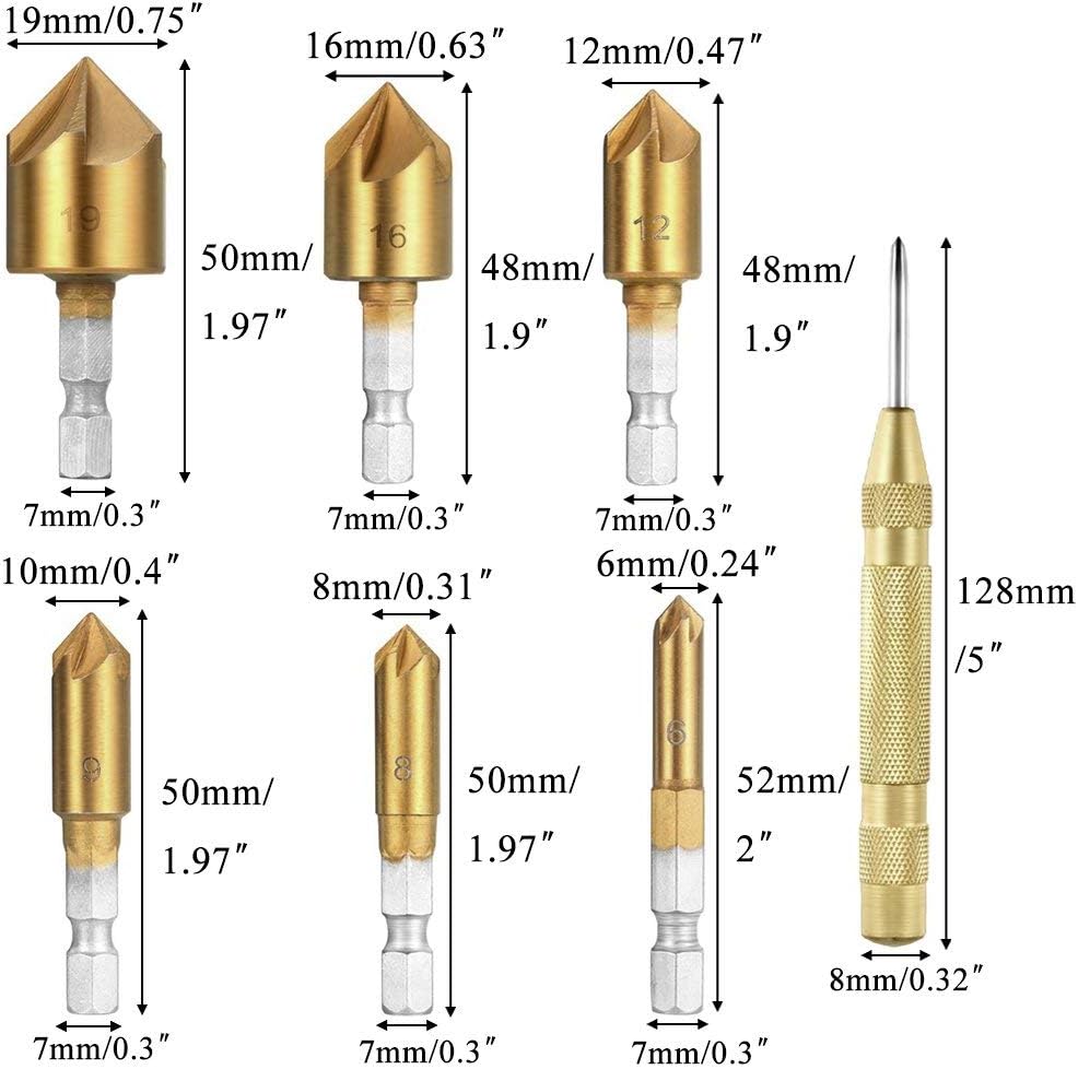 Rocaris 23-Pack Woodworking Chamfer Drilling Tool, 6pcs 1/4 Hex 5 Flute 90 Degree Countersink Drill Bits, 7pcs Three Pointed with L-Wrench, 8PCS Wood Plug Cutter, and Automatic