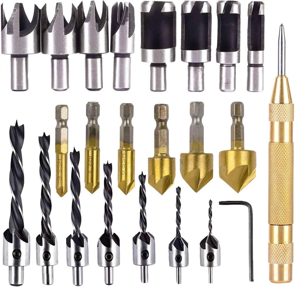 Rocaris 23-Pack Woodworking Chamfer Drilling Tool, 6pcs 1/4 Hex 5 Flute 90 Degree Countersink Drill Bits, 7pcs Three Pointed with L-Wrench, 8PCS Wood Plug Cutter, and Automatic