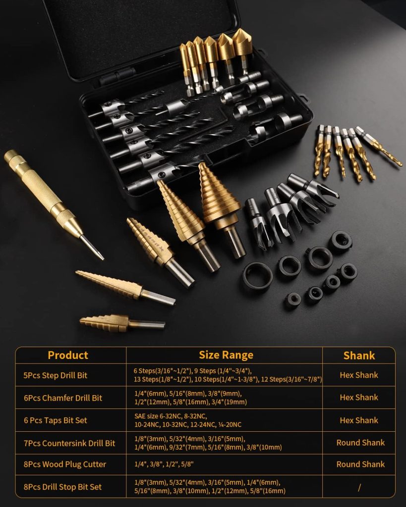 WENHUALI 34-Pack Wood Working Tools Including 6 Countersink Drill Bit Set for Wood, 7 Counter Sinker Drill Bit Set, 8 Plug Cutters for Wood, 3 Drill Bit Set and 8 Drill Stop Bit with 1 Center Punch.