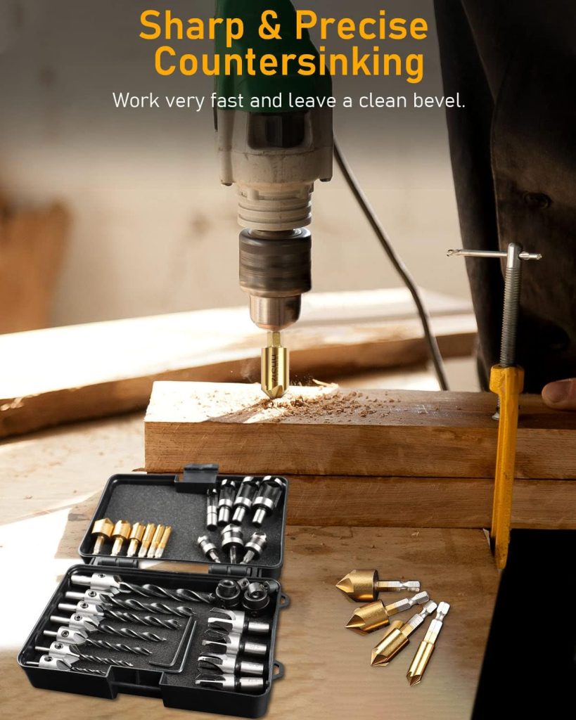 WENHUALI 34-Pack Wood Working Tools Including 6 Countersink Drill Bit Set for Wood, 7 Counter Sinker Drill Bit Set, 8 Plug Cutters for Wood, 3 Drill Bit Set and 8 Drill Stop Bit with 1 Center Punch.