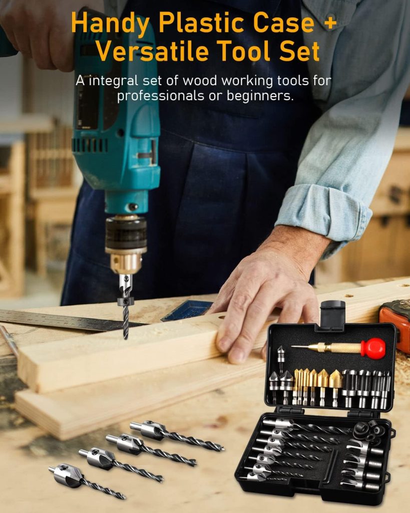 WENHUALI 34-Pack Wood Working Tools Including 6 Countersink Drill Bit Set for Wood, 7 Counter Sinker Drill Bit Set, 8 Plug Cutters for Wood, 3 Drill Bit Set and 8 Drill Stop Bit with 1 Center Punch.