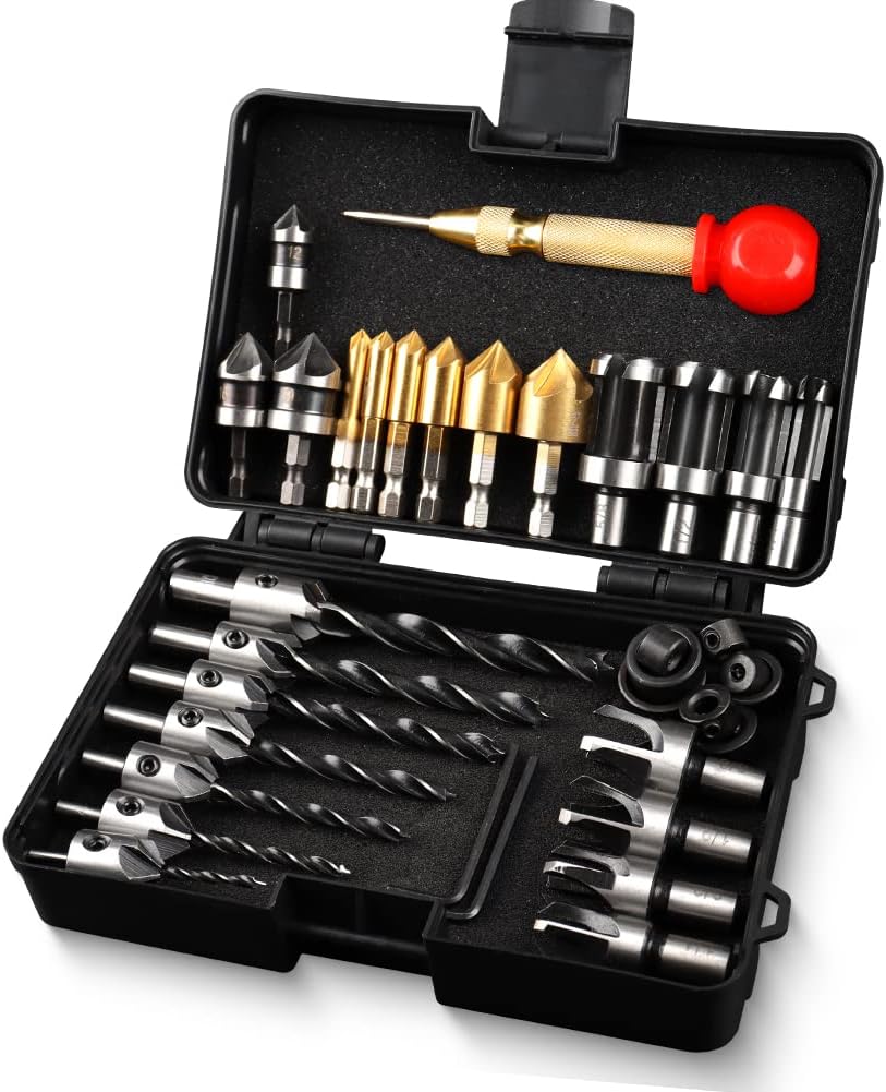 WENHUALI 34-Pack Wood Working Tools Including 6 Countersink Drill Bit Set for Wood, 7 Counter Sinker Drill Bit Set, 8 Plug Cutters for Wood, 3 Drill Bit Set and 8 Drill Stop Bit with 1 Center Punch.