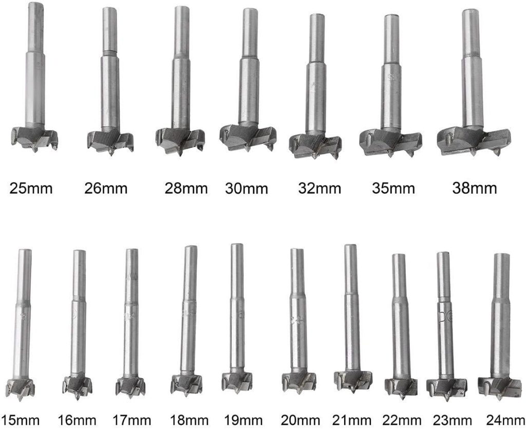 Woodworking Forstner Drill Bits Sets, HEHEINC 17 PCS Carbon High Speed Steel Wood Working Hole Cutter Titanium Coated Wood Boring Hole Drilling Sets with Round Shank 15mm-38mm