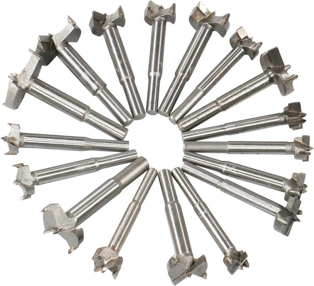 Woodworking Forstner Drill Bits Sets, HEHEINC 17 PCS Carbon High Speed Steel Wood Working Hole Cutter Titanium Coated Wood Boring Hole Drilling Sets with Round Shank 15mm-38mm