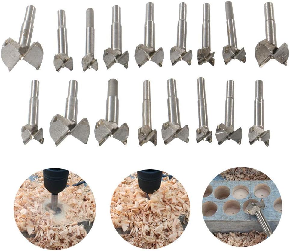 Woodworking Forstner Drill Bits Sets, HEHEINC 17 PCS Carbon High Speed Steel Wood Working Hole Cutter Titanium Coated Wood Boring Hole Drilling Sets with Round Shank 15mm-38mm