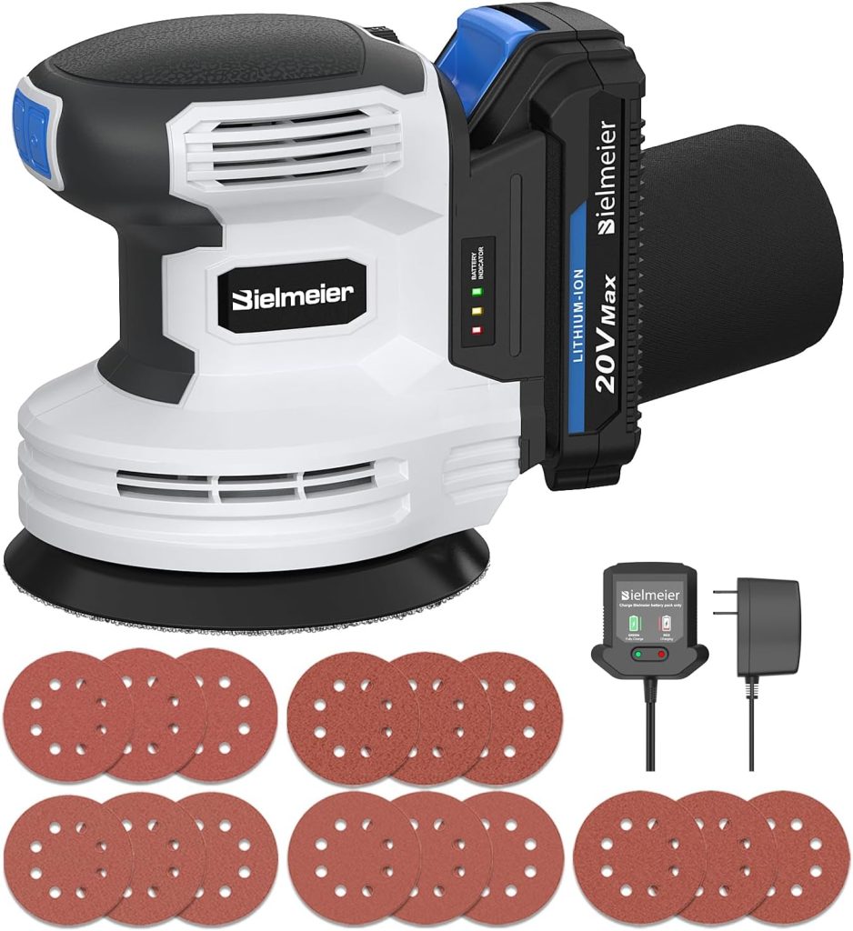 Bielmeier 20V Cordless Random Orbital Sander Kit with 2.0Ah Battery,Fast Charger,6 Variable Speed Electric Hand Sander with 15-Piece Hook  Loop Sandpaper for Woodworking Sanding