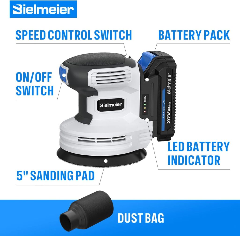 Bielmeier 20V Cordless Random Orbital Sander Kit with 2.0Ah Battery,Fast Charger,6 Variable Speed Electric Hand Sander with 15-Piece Hook  Loop Sandpaper for Woodworking Sanding