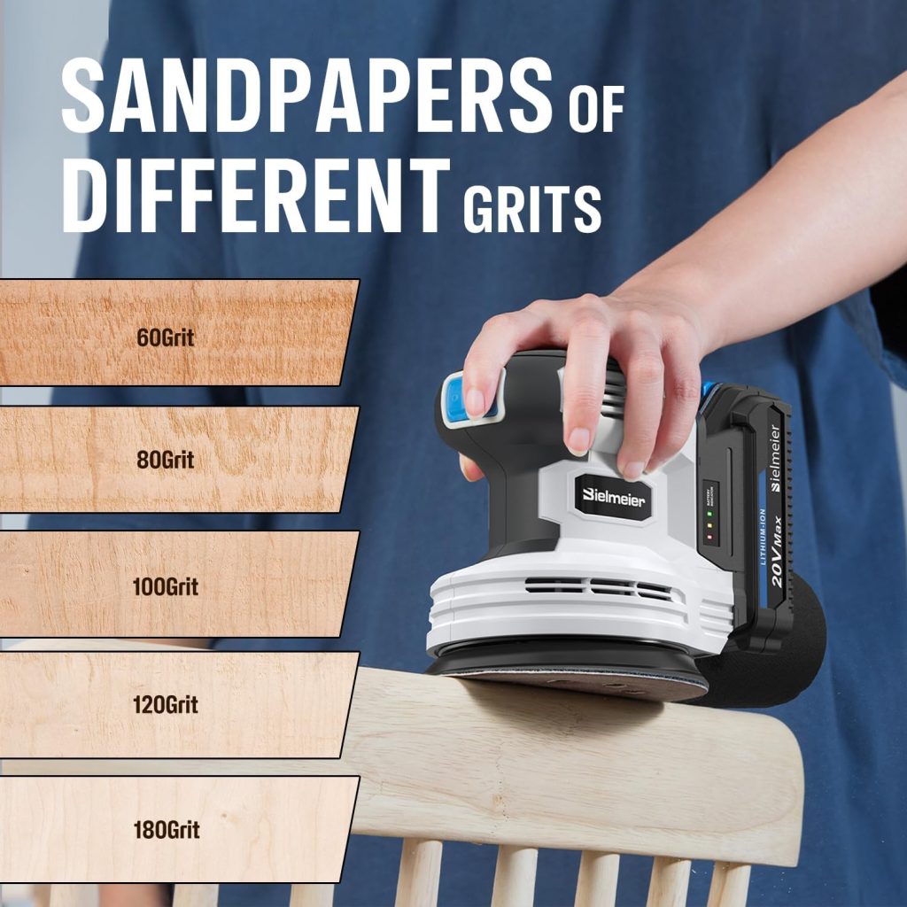 Bielmeier 20V Cordless Random Orbital Sander Kit with 2.0Ah Battery,Fast Charger,6 Variable Speed Electric Hand Sander with 15-Piece Hook  Loop Sandpaper for Woodworking Sanding