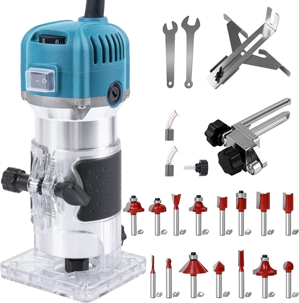 Compact Wood Router Tool 6 Speeds Adjustable Electric Hand Woodworking Trimmer Palm Router kit with 15 PCS Router Bits 800W 110V 33000r/min