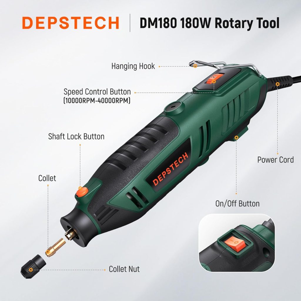 DEPSTECH Rotary Tool, 180W Power Multi Tools Kit 6 Variable Speed 40000RPM Max, Universal Keyless Chuck  Flex Shaft, 128Pcs Accessories Electric Drill Set for Carving, Drilling, Sanding, DIY Craft