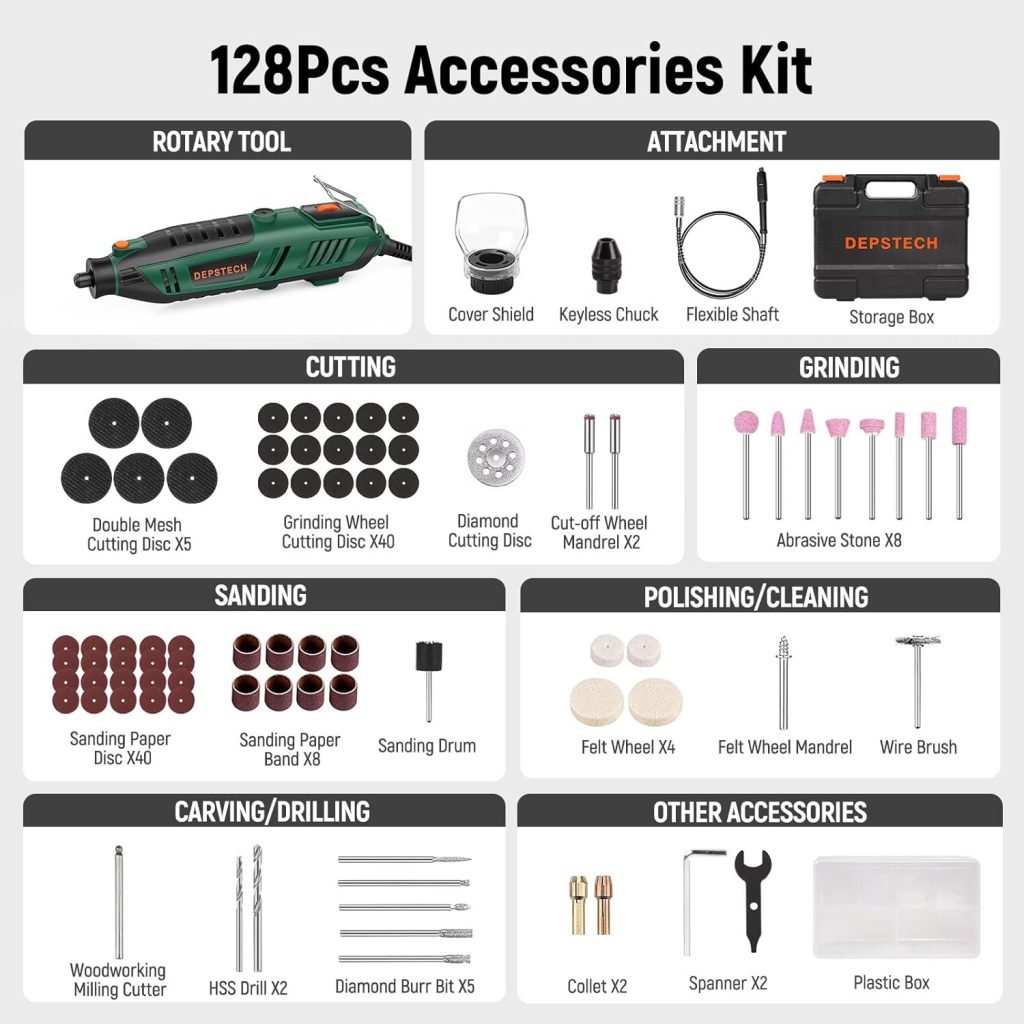 DEPSTECH Rotary Tool, 180W Power Multi Tools Kit 6 Variable Speed 40000RPM Max, Universal Keyless Chuck  Flex Shaft, 128Pcs Accessories Electric Drill Set for Carving, Drilling, Sanding, DIY Craft