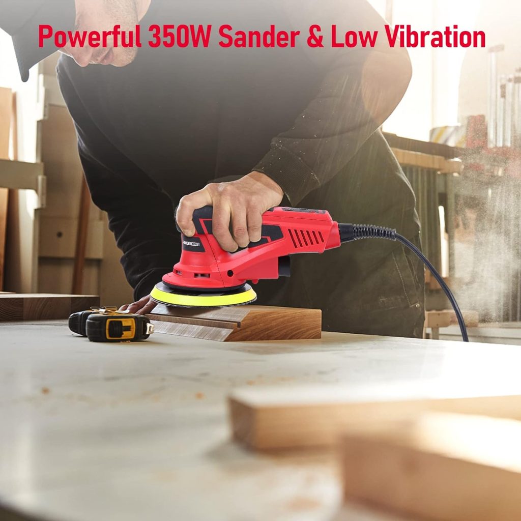 Electric Random Orbital Sander,PioneerWorks Brushless Motor,Powerful 350W  Low Vibration,10000 RPM,6-Inch For Woodworking, Polishing,Carpentry