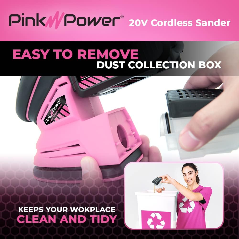 Pink Power Detail Sander for Woodworking 20V Cordless Electric Hand Sander for Wood Furniture - Mini Palm Sander Tool with Sandpaper, Li-Ion Battery  Charger - Small Handheld Sanding Machine
