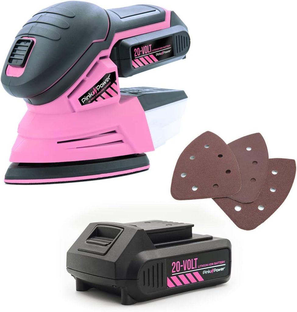 Pink Power Detail Sander for Woodworking 20V Cordless Electric Hand Sander for Wood Furniture - Mini Palm Sander Tool with Sandpaper, Li-Ion Battery  Charger - Small Handheld Sanding Machine